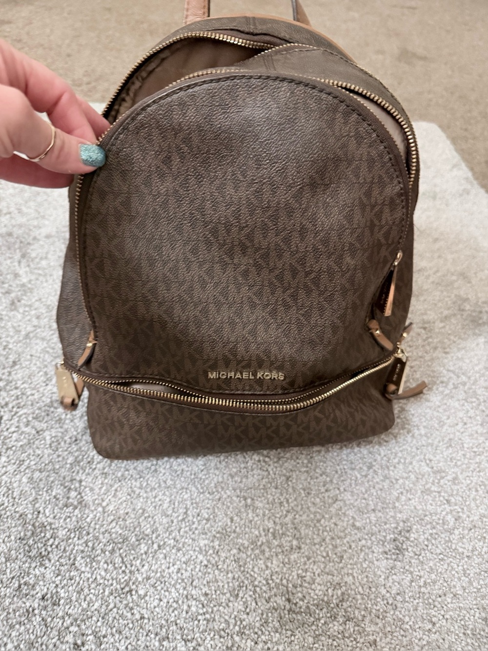 Michael Kors Brown Monogram Mini Backpack with Gold Hardware